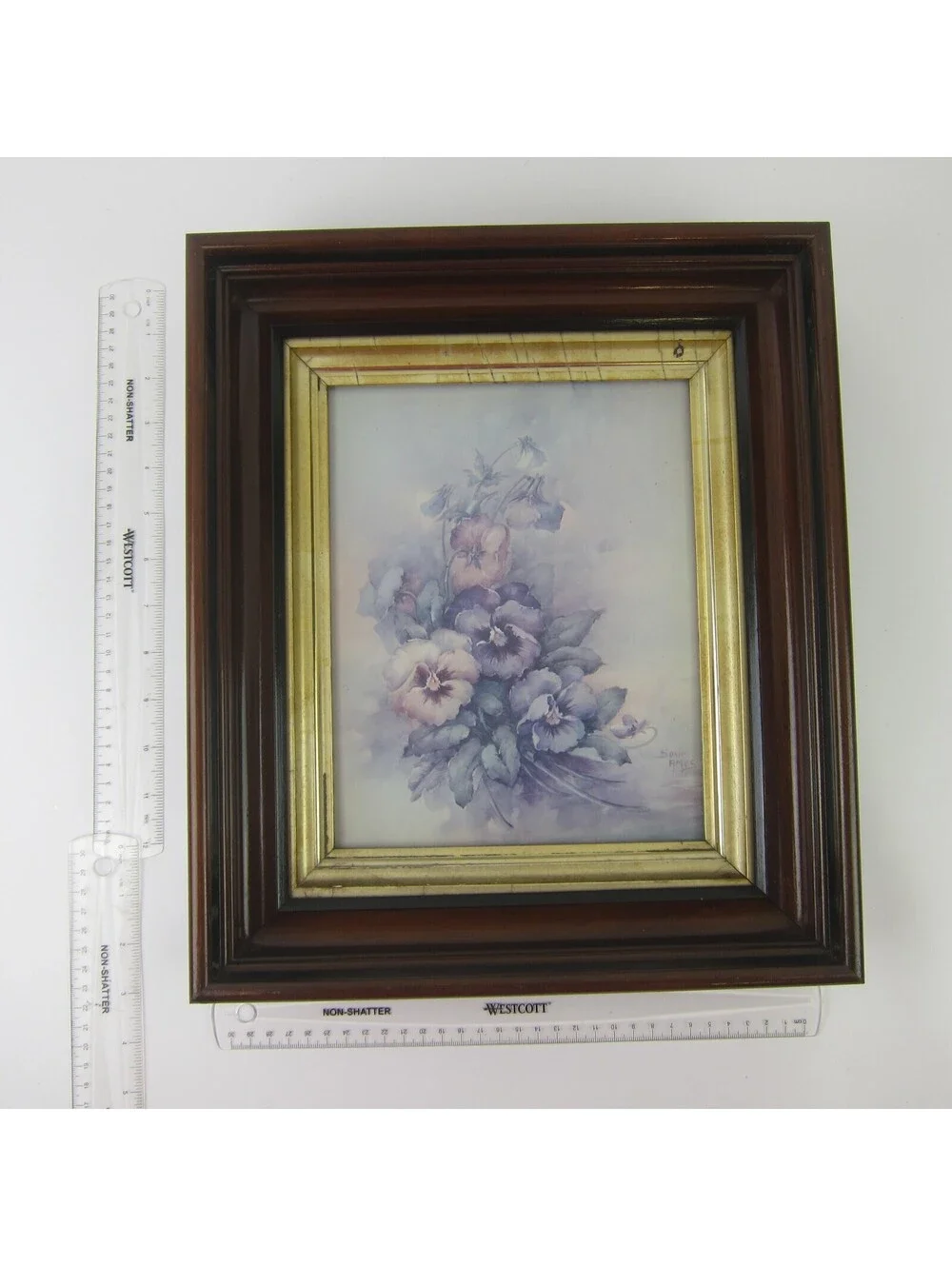 Antique Victorian Deep Picture Frame Wood Gold Gilt Sonie Ames Flower Print